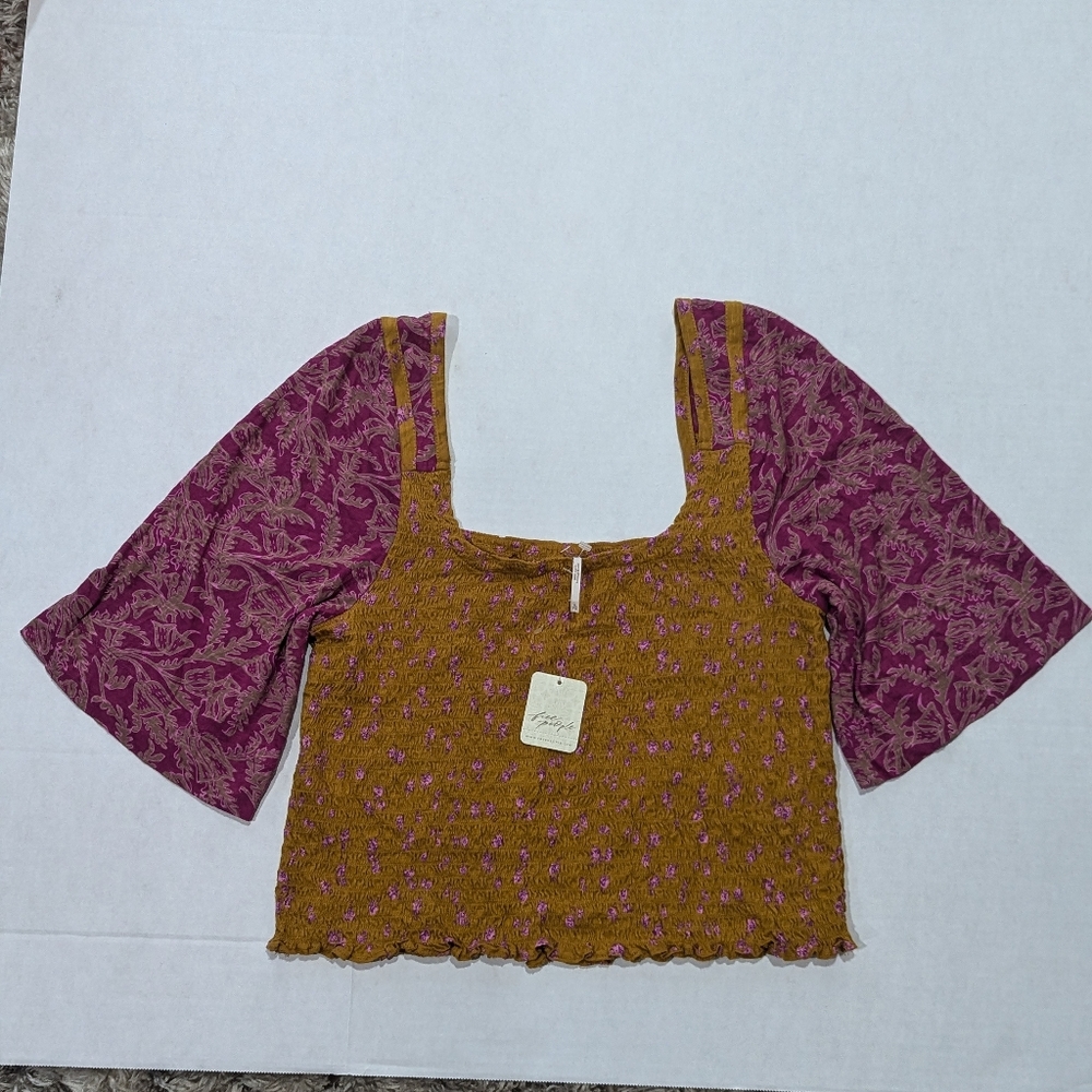 FREE PEOPLE Mustard Yellow Crop Top 3/4 wing Pink Floral Sleeves- Size XL *NWT - Picture 11 of 12